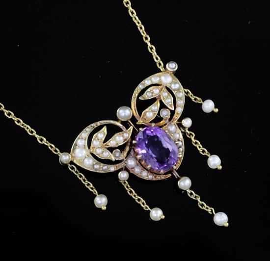A late Victorian 15ct gold, amethyst and seed pearl drop pendant necklace, 36cm.